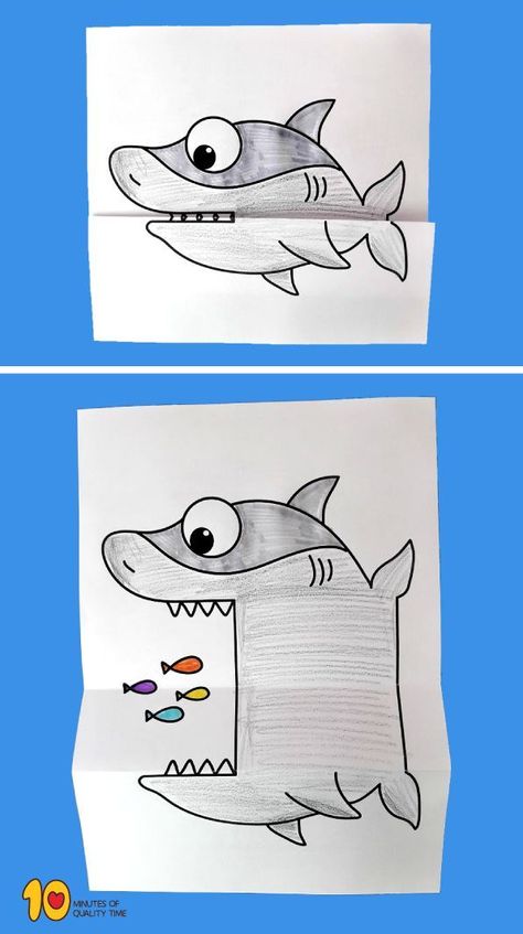 Surprise Folding Paper - Shark #animalcrafts#oceancrafts#sharks#Shark#kidsprintables #kidsactivities #kidscrafts Paper Shark, Trin For Trin Tegning, Oppgaver For Barn, Shark Craft, رسم كاريكاتير, Folding Paper, Ocean Crafts, Art Drawings For Kids, Animal Crafts