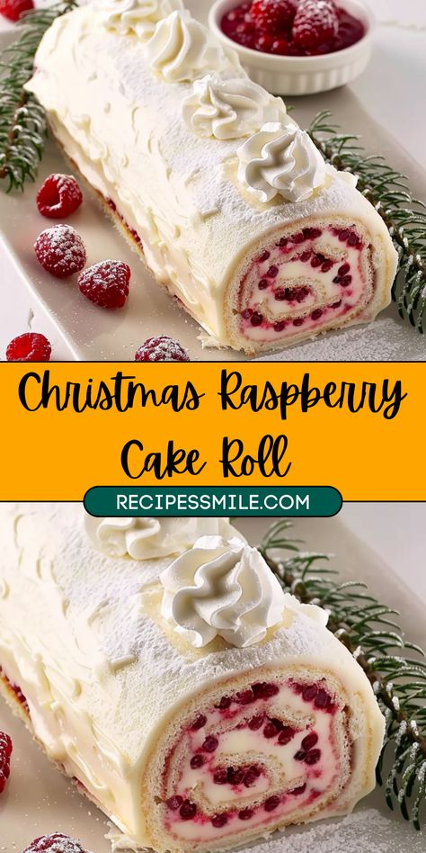 This Christmas Raspberry Cake Roll is a festive dessert that features a light, airy sponge cake filled with vibrant raspberry filling and topped with fluffy whipped cream. Perfect for the holiday season, it adds a sweet, fruity twist to your Christmas table and is sure to impress with its stunning presentation and balanced flavors. Cake Roll Recipes Christmas, Raspberry Cake Roll, Christmas Cake Roll, Raspberry Cake Filling, Fluffy Sponge Cake, Raspberry Cake Recipes, Sponge Cake Roll, Jelly Roll Cake, Showstopper Dessert