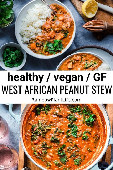 This healthy vegan, gluten-free West African Peanut Stew features protein-rich white beans, sweet potatoes, and kale. It's a comforting but feel-good vegan dinner! #stew #comfortfood #healthycomfortfood #vegancomfortfood #veganuary #rainbowplantlife Vegan African Recipes, Sweet Potatoes And Kale, West African Peanut Stew, Potatoes And Kale, African Stew, Rainbow Plant Life, African Peanut Stew, Vegeterian Recipes, Peanut Stew