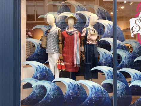 Sea Shanty window display at Seasalt 2018 Sea Window Display, Beach Visual Merchandising, Metaphysical Shop Window Display, Sea Exhibition Design, Surf Shop Window Display, Seaside Shops, Store Front Windows, Sea Shanties, Summer Campaign