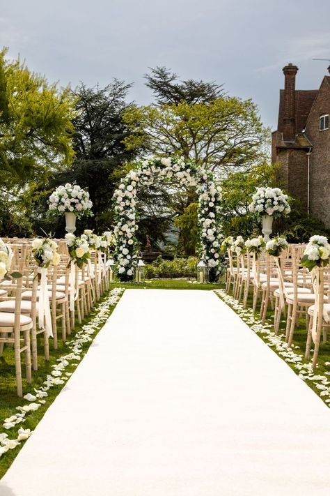 Luxury outdoor wedding ceremony in Surrey White Carpet Wedding, Outside Wedding Ceremonies, Wedding Walkway, Pastel Wedding Invitations, Back Garden Wedding, Wedding Ceremony Setup, Wedding Isles, Forest Theme Wedding, Castle Wedding Venue