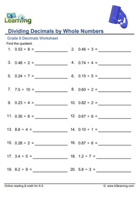 Dividing Decimals By Whole Numbers, Dividing Decimals, Decimals Worksheets, Grade 6 Math, Decimal Number, Math 5, Whole Numbers, 5th Grade Math, Grade 6