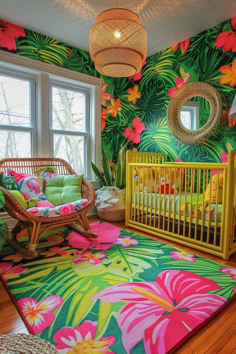 29 Coastal Nursery Ideas to Transform Your Baby's Room Coastal Nursery Ideas, Tropical Baby Nursery, Tropical Motifs, Coastal Nursery, Bright Furniture, Tropical Nursery, Tropical Girl, Relaxing Space, Feature Wallpaper