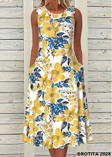 Cotton Blends Dress, Floral Sleeve, Swimwear Dress, Round Neck Dresses, Plus Size Swimwear, Types Of Dresses, Dress Size Chart, Pocket Dress, Floral Print Dress