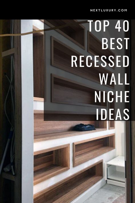 Niche In Kitchen Wall, Recessed Area In Living Room, Recess Shelves Living Room, Niche Storage Ideas, Wall Niche Ideas Living Room Tv, Wall Niche Diy Recessed Shelves, Staircase Niche Ideas, Ideas For Wall Niches, Recessed Shelving Ideas