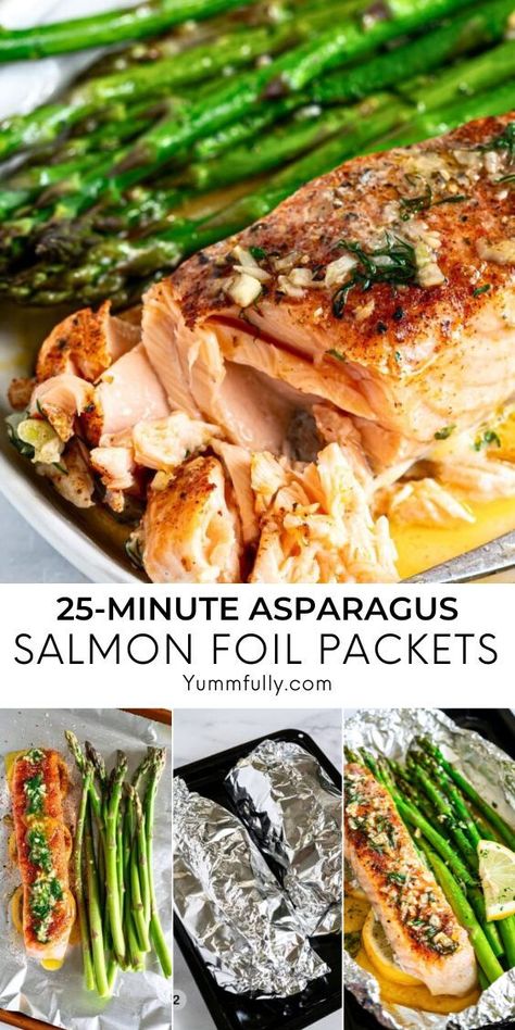 Baking salmon in a foil pack ensures you eat a moist and perfectly cooked filet every time. Simple ingredients like garlic, fresh dill, lemon juice, asparagus, and a few spices are all you need to make a healthy and fancy meal at home! Lemon Salmon Recipes, Easy Salmon Dinner, Salmon Foil Packets, Foil Pack Dinners, Salmon In Foil, Foil Pack Meals, Garlic Butter Salmon, Foil Packet Meals, Lemon Salmon