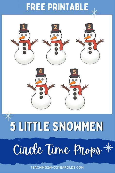 Five Little Snowmen Winter Circle Time Activity - Free Printable! #snowmen #props #circletime #music #songs #toddlers #preschool #printable #teachers #2yearolds #3yearolds #teaching2and3yearolds Circle Time Printables, Five Little Snowmen, Circle Time Activity, Toddler Circle Time, Preschool Circle Time Activities, January Preschool, Circle Time Games, Circle Time Songs, Snowmen Activities