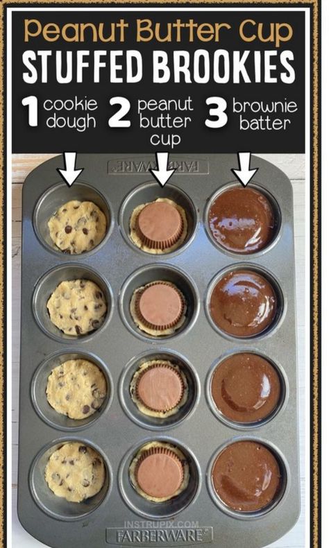 Serves 12 · This quick and easy chocolate dessert is made with just 3 store-bought ingredients plus the egg and oil you need for the brownie batter, and they're incredibly fun and simple to make in a muffin tin! This is seriously the BEST dessert recipe I've ever made. They remind me of a fancy lava cake or mini pizookie served warm with ice cream. It's basically the marriage of a cookie, brownie and Reese's peanut butter cup. How can you go wrong with that? Peanut Butter Cup Stuffed Brookie, Brownies With Cookie Dough And Reeses, Reeses Stuffed Brownie Cups, Reese’s Stuffed Brownie Cups, Brownie With Reese Peanut Butter Cups, Cookie Dough Reeses Cup Brownie, Reese’s Brownie Cups, Peanut Butter Cup Brookies Recipe, Pillsbury Cookie Dough Recipes