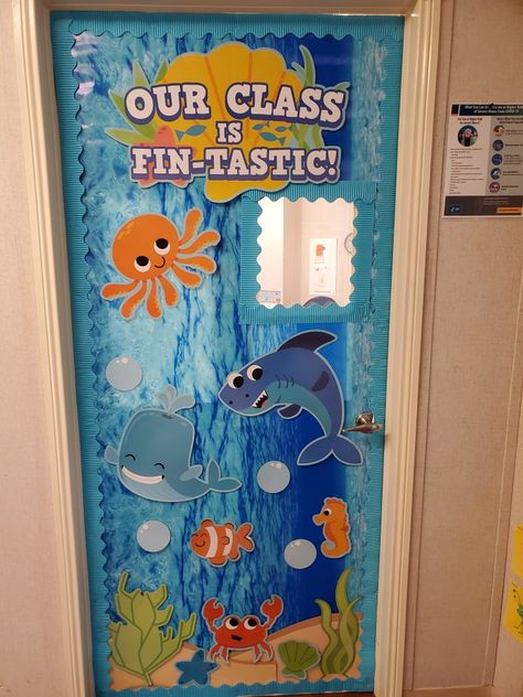 Ocean Classroom Decorations, Ocean Board Ideas, Ocean Classroom Theme Decorations, Ocean Theme Classroom Decorations Ideas, Ocean Bulletin Board Ideas Preschool, Ocean Theme Preschool Classroom, Ocean Door Decorations Classroom, Under The Sea Classroom Theme Daycare, Ocean Wall For Classroom