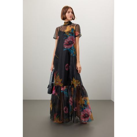 Multicolor floral organza (100% Polyester). Lining (100% Polyester). Shift. Short sleeves. Turtleneck. Back zipper closure. 61" from shoulder to hemline. Imported. Long Sleeve Floral Dress Formal, Organza Gown, Organza Gowns, Sheer Maxi Dress, Organza Fabric, Black Tie Event, Formal Looks, Knit Skirt, Dress First