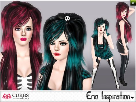 Colores Urbanos' set emo inspiration Sims 3 Emo Cc, Sims 4 Scene Hair, Sims 4 Cc Emo Hair, Sims 4 Emo Hair, Sims 3 Cc Hair, Alt Hair, 3 Hairstyles, Ts3 Cc, Sims 3 Cc Finds