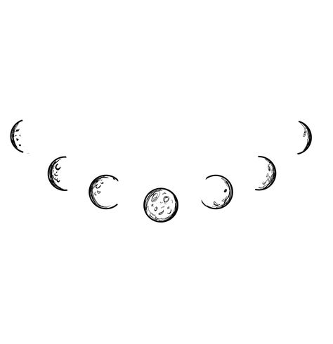 Moon Phase Doodle, Witchy Moon Phases Tattoo, Simple Moon Phase Tattoo Designs, Moon Phases Tattoo Lower Back, Moon Phases Tattoo Circle, Moon Phase Line Art, Moon And Paw Print Tattoo, Woodcut Moon Tattoo, Moon Phase Stencil