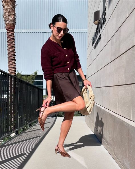 Obsessed with burgundy and brown. I hiked up the midi skirt to make it a mini. And leopard slingback kitten heels make every outfit better. @hm outfit; @cparavano_official shoes @newbottega suede bag #fallvibes #autumnoutfit #burgundy #burgundybrown The color combination of the season is burgundy and brown (and leopard) Comment BB below to receive a DM with the link to shop this post on my LTK ⬇ https://liketk.it/4TfNi #ltkshoecrush #ltkfindsunder100 #ltkover40 Block Heel Outfit, Burgundy And Brown, Slingback Kitten Heels, Official Shoes, Brown I, Suede Bag, Heels Outfits, Autumn Outfit, Color Combination