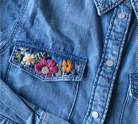 Hand Embroidered Bag, Denim Jacket Embroidery Ideas, Denim Jacket Embroidery, Boro Stitching, Cap Embroidery, Jacket Embroidery, Embroidery Fashion Detail, Clothes Embroidery Diy, Denim Embroidery