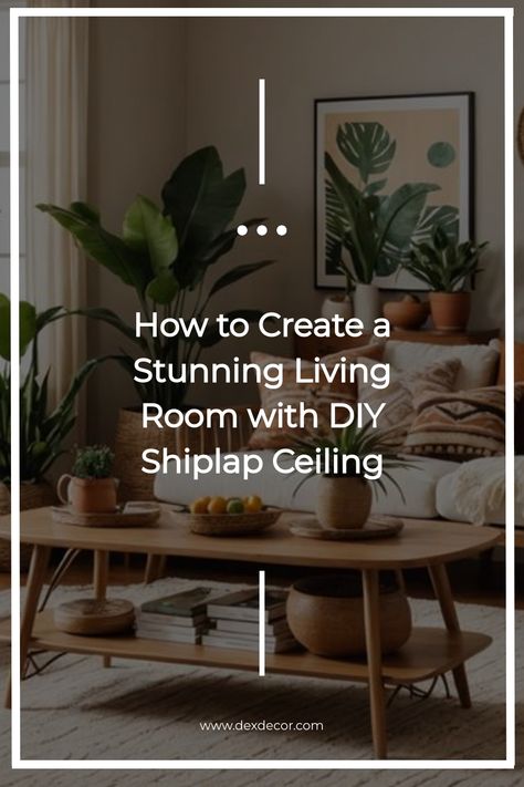 Cozy living room with plants, a wooden coffee table, and a shiplap ceiling. Slanted Ceiling Ideas Living Room, Farmhouse Shiplap Walls Living Room, Diy Shiplap Ceiling, Farmhouse Shiplap Walls, Slanted Ceiling Ideas, Living Room Shiplap, Ceiling Ideas Living Room, Half Wall Ideas, Shiplap Living Room