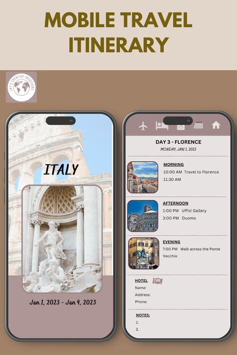 Mobile Travel Itinerary, Italy Travel Planner, Ipad Journaling, Italy Travel Itinerary, Traveling Italy, Diy Organizers, Travel Itinerary Planner, Travel Planner Template, Travel Document Organizer