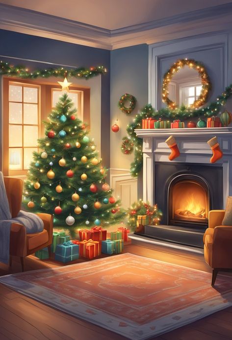 Cozy Christmas Fireplace Illustration Christmas Table Illustration, Christmas Living Room Drawing, Christmas Celebration Drawing, Christmas Fireplace Drawing, Christmas Scene Drawing, Fireplace Illustration, Christmas Caricature, Christmas Edits, Cozy Christmas Fireplace