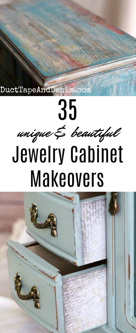 35 Unique and beautiful jewelry cabinet makeovers on DuctTapeAndDenim.com #jewelrycabinetmakeovers #jewelrycabinet #thriftstoremakeovers Boho Jewelry Box Makeover, Shabby Chic Jewelry Armoire, Chalk Painted Jewelry Boxes, Redone Jewelry Armoire, Antique Jewelry Armoire, Chalk Painted Jewelry Armoire, Round Top Armoire, Painted Jewelry Armoire Diy, Large Jewelry Box Makeover