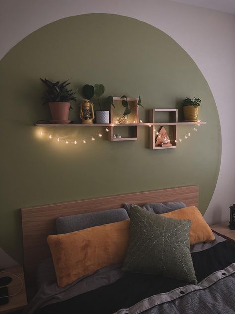 Wall Color Inspo Bedroom, Bedroom Mural Ideas Paint Simple, Sage Green Loft Bedroom, Bedroom Transformation Before And After, Boho Room Painting Ideas, Wall Art Above Bed Ideas, Wall Decoration Above Bed, Wall Color Blocking Paint Ideas, Green Bedroom Mural