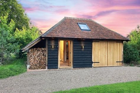 Oak Overnight Accommodation - Julius Bahn Oak Buildings Barn House Conversion, Border Oak, Oak Framed Buildings, Cedar Roof, Garage Room, Carport Designs, Cedar Homes, Studio Flat, Hip Roof