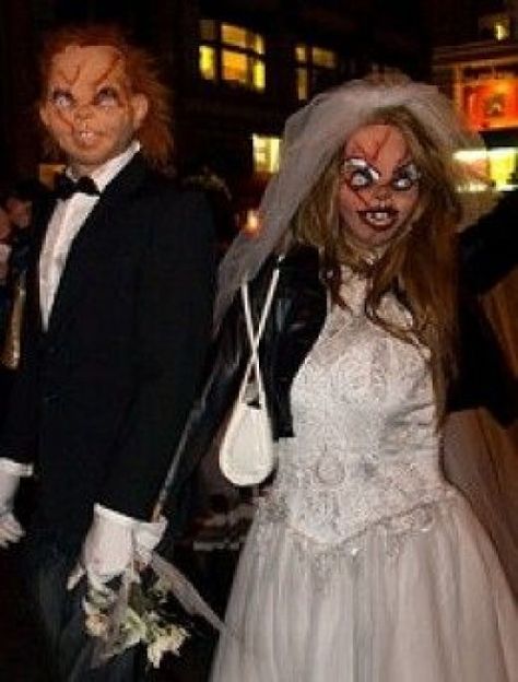 Chucky and Bride of Chucky Halloween Costumes Halloween Costumes Chucky And Bride, Halloween Costumes Chucky, Chucky And Bride, Bride Of Chucky Halloween, Scary Chucky, Chucky Halloween Costume, Bride Of Chucky Costume, Chucky Costume, Chucky Halloween