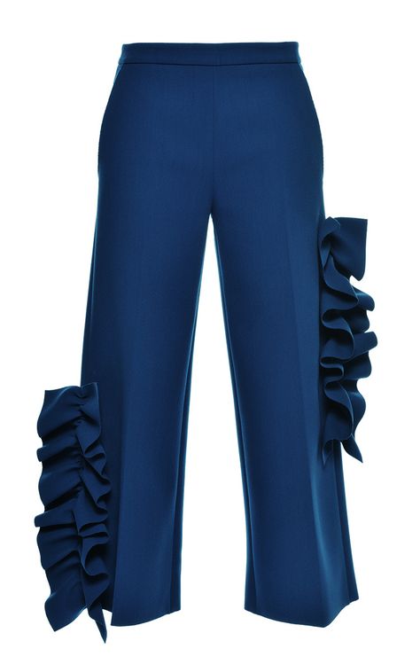 Blue Ruffled Crepe Pants by MSGM Now Available on Moda Operandi Fancy Pants Outfit, Crepe Pants, 2piece Outfits, Corporate Wear, Fashion Tops Blouse, Ruffle Pants, African Inspired Fashion, Flat Front Pants, Stylish Pants