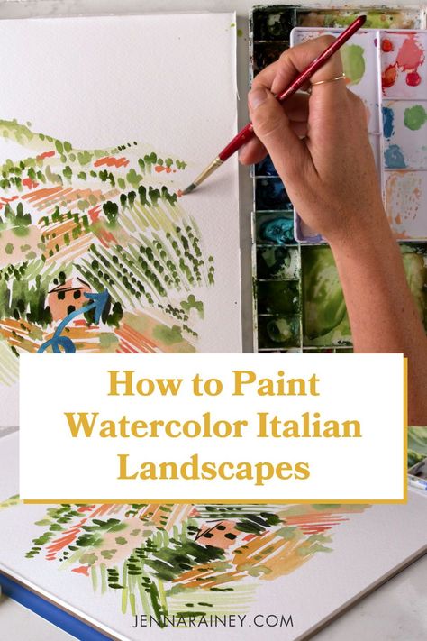 Tuscan Watercolor Paintings, Diy Watercolor Landscape, Tuscany Watercolor Landscape, Watercolor Landscapes Tutorials, Vineyard Watercolor Painting, Italian Landscape Watercolor, Tuscany Watercolor Paintings, Hills Of Tuscany Su, Landscape Watercolor Tutorial