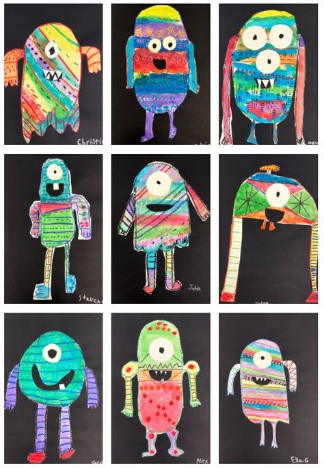 There is nothing scary about these adorable monsters created with construction paper, the elements of line and texture, and screaming with imagination. Color Monster Art, Texture Monsters, Line Monsters, Line Monsters Kindergarten, Monster Art Projects For Preschool, Halloween Monster Craft, The Color Monster Art Project, Monster Art Projects For Kids, Monster Line Art