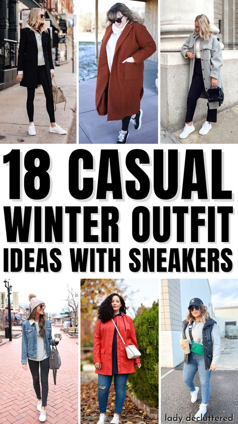 18 Casual Winter Outfit Ideas with Sneakers White Sneakers Outfit Winter Casual, Winter Casual Jeans Outfit, Winter Outfits Sneakers Casual, Winter Outfit White Sneakers, Winter Outfit Tennis Shoes, Casual Date Night Outfit Winter Sneakers, Sneaker Outfit Ideas For Women, White Sneaker Outfit Winter, Chic Sneaker Outfits Winter