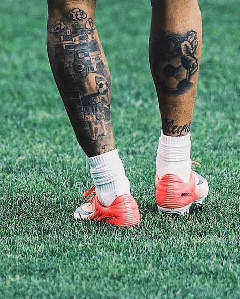 Calf Tattoo Ideas, Neymar Jr Tattoos, Soccer Tattoos, Calf Tattoo Men, Father Daughter Tattoos, Football Tattoo, New York Tattoo, Tattoo Leg, Skeleton Hand Tattoo