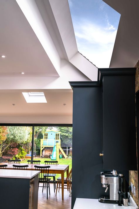 Kitchen Roof Light, Pitched Roof Extension, Light In Kitchen, Skylight Living Room, Lantern Roof, Terrace Extension, Pitched Roof Window, Zinc Cladding, Tuesday Inspiration