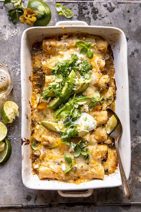 Sheet Pan Cheesy Poblano Corn Enchiladas | halfbakedharvest.com New Dinner Recipes Healthy, Vegetarian Anniversary Dinner, Poblano Enchiladas Vegetarian, Half Baked Harvest Corn, Veggie Based Dinner, Enchilada Vegetarian, Poblano Enchiladas, Enchiladas Vegetarian, Corn Poblano