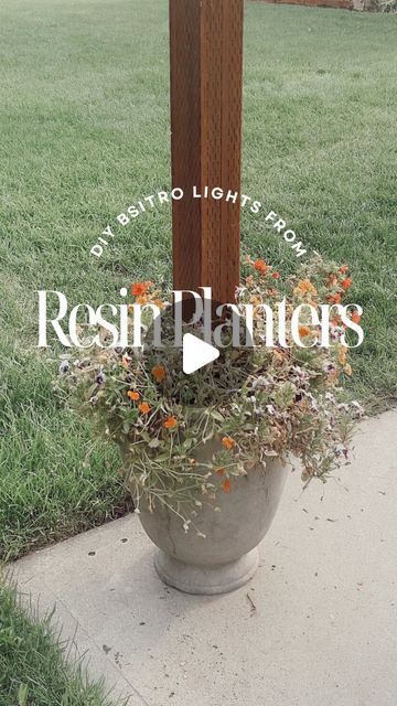 Haley Orrock l DIY & Home Design on Instagram: "Spending the rest of summer sitting underneath these patio lights 🤩
•
Here’s how we did it!
- I got these resin pots from Walmart!! You can get pots from anywhere, but Walmart had amazing prices. 
- Next, we mixed a bag of Quikrete in a bucket using a drill mixer attachment. If you haven’t mixed concrete yet, it’s very easy!
- We placed a treated 4x4x8 post inside, filled the bottom 1/3 with gravel, and the next 1/3 with quick set concrete. 
- You can use a level and attach some scrap wood (like this furring strip) to keep the post upright while the cement dries. 
- Next, we screwed in these eyelet screws to the top of the posts and peel and stuck hooks to the house and strung bailing wire between it all to hold it in place. 
- You can choos Cement Bucket With Pole Lights, Resin Pots, Mixer Attachments, Patio Lights, Resin Planters, Mix Concrete, We Did It, Patio Lighting, Screw It