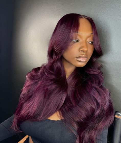 Magenta Hair Black Women, Violet Hair Black Women, Plum Hair Color On Black Women, Dark Purple Hair Black Women, Plum Colored Hair, Purple Hair Black Women, Dark Red Purple Hair, Piercing Stacks, Purple Burgundy Hair