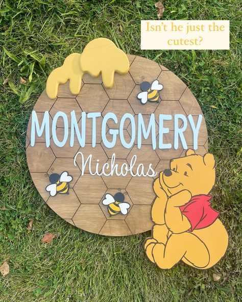 He deserves some Stills! He turned out adorable. What do you think? Follow for more custom signs, seasonal decor and more #custom #customsigns #signmaker #nursery #nurserydecor #nurserynamesign #namesign #namesigns #baby #pooh #poohbear #winniethepooh #woodsigns #customwoodsign #comissionsopen #etsy #etsyfinds #smallbusiness #supportsmallbusiness #woodartist #woodart #woodlogo #woodcarving #cnc #omtechlaser #trending #michigansmallbusiness #shoplocal #fyp #momtobe Winnie The Pooh Nursery Sign, Winnie The Pooh Sign, Bee Nursery, Winnie The Pooh Nursery, Wood Logo, Photo Frame Gift, Wooden Name Signs, Sign Maker, Light Up Signs