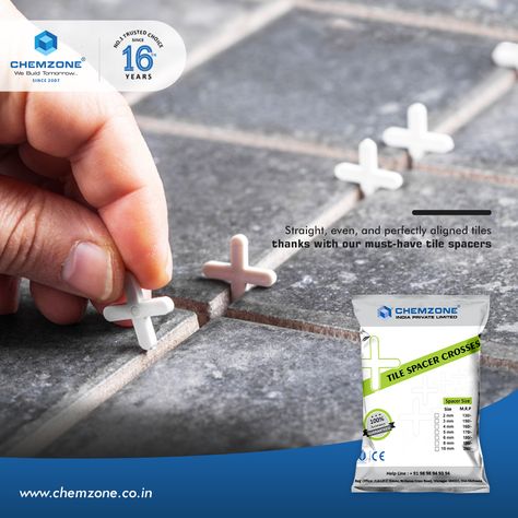 Straight, even and perfectly aligned tiles thanks with our must have tile spacers Contact us for more Details : Location :- Survey No. 123, Plot No.7, Road - D , GIDC Estate, Visnagar-384315,Gujarat, India. Website : www.chemzone.co.in | Email : info@chemzone.co.in Tile Spacers, Tile, India, Road, Stone