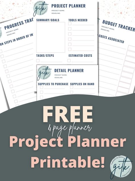 FREE Project Planner Printable! - 4 page planner | Gathered In The Kitchen Project Planner Printable Free, Project Planner Template, Project Life Freebies, Project Planner Printable, Progress Tracker, Free Planner Templates, Garage Door Makeover, Printables Freebies, Budget Tracker