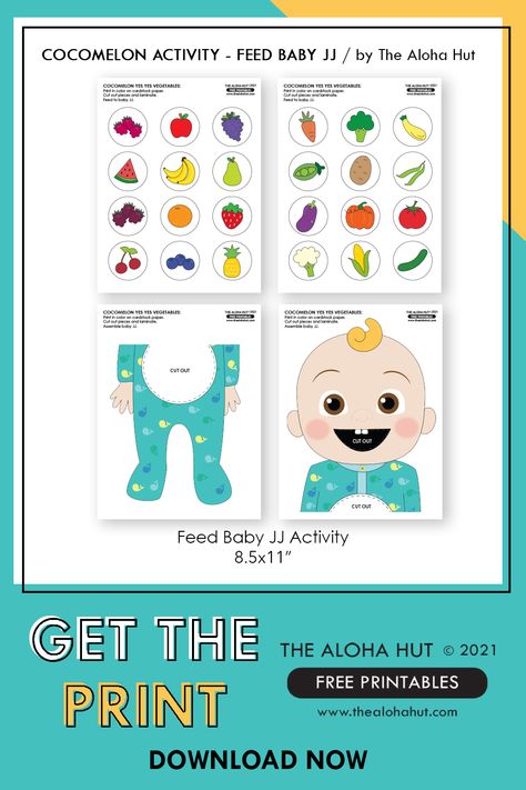 FREE Printable Cocomelon Activity - Feed Baby JJ Fruits + Vegetables - The Aloha Hut Cocomelon Activities, Cocomelon Free Printables, Vegetable Activity For Kids, Easy Toddler Activities, 귀여운 음식 그림, Baby Play Activities, Free Printable Activities, Baby Printables, Montessori Preschool