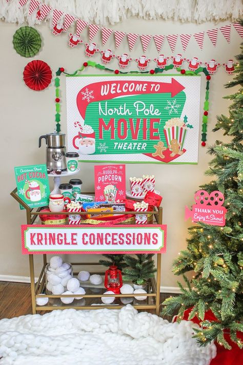 Christmas Movie Night Party Ideas, Christmas, Christmas movie night, movie night, movie party, holiday movies, Christmas movies, North Pole Movie Theater, printable decor, Just Add Confetti, Just Add Confetti printables, popcorn, hot cocoa, Rudolph Popcorn, Christmas blend, santa, Kringle Concessions, hot cocoa brownies, brownie bites, at-home celebration, family party, pajamas, pajama party, concession stand, bar cart, concession cart, invitation, Etsy shop, Etsy, Etsy seller Christmas Santa Sleepover, Christmas Family Fun Night Ideas, Christmas Movie Birthday Party, Hallmark Christmas Movie Night Party, Christmas Movies Decorations, Christmas Movie Night Decorations, Friendsmas Party Ideas Kids, Christmas Movies Night Ideas, Christmas Movie Night Party Ideas