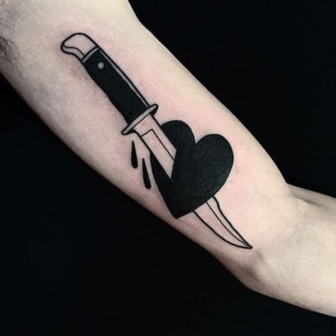 A traditional style tattoo of a knife stabbed heart inked on the left upper inner arm Cute Dragon Tattoo, Small Mermaid Tattoo, Geometric Rose Tattoo, Full Neck Tattoos, Black Heart Tattoos, Knife Tattoo, Traditional Style Tattoo, Matching Sister Tattoos, Tattoo Old School