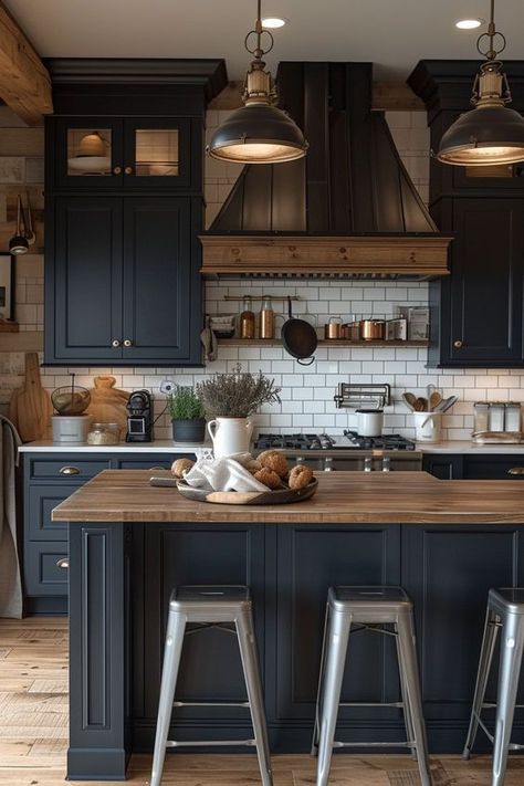 Farmhouse Kitchens With Dark Cabinets, Moody Home Decor Kitchen, Non Farmhouse Kitchen, Industrial Farmhouse Cabinets, Navy Kitchen Dark Wood Floor, Dark Boho Kitchen Decor, Moody Kitchen Wood Cabinets, Moody Rustic Interiors, Dark Moody Home Aesthetic