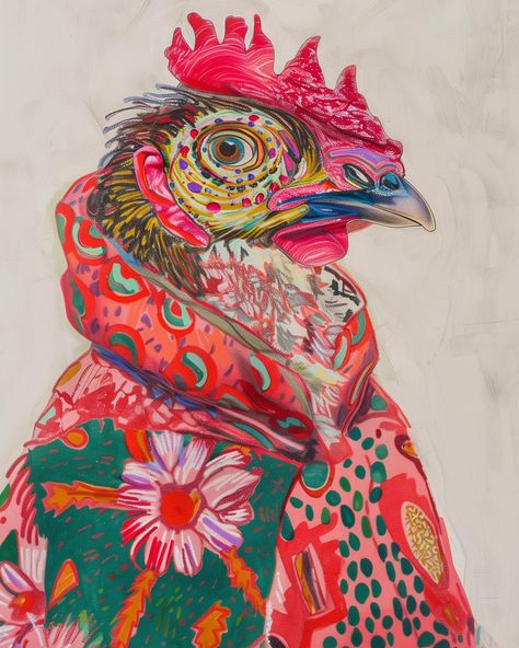 Hanna Inaiáh | 🐔🐓 | Instagram Rooster Painting, Arte Animal, Funky Art, Whimsical Art, Portrait Art, Animal Paintings, Interesting Art, Painting Inspiration, Art Lessons