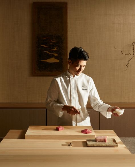 Omakase Photography, Aman Restaurant, Japanese Chef Photography, Asian Restaurant Food Photography, Asian Chef Photography, Japanese Restaurant Photography, Japanese Fine Dining Interior Design, Aman New York, Chef Working