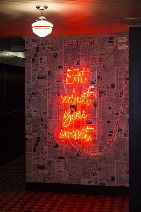 Pink neon wall sign. "Eat Whatever You Want" Superfine Has Something For Everyone - Northshore Magazine Neon Quotes, Neon Wall Signs, Bar Design Restaurant, Boutique Interior, Cafe Interior Design, Restaurant Interior Design, Neon Art, Custom Neon Signs, Restaurant Interior