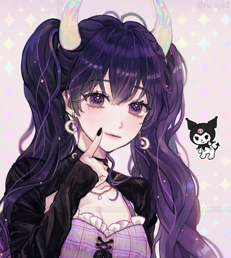 Kuromi Aesthetic, Purple Kuromi, Kuromi And Melody, Kuromi Anime, Purple Pfp, Anime Purple Hair, Purple Anime, Purple Goth, Cool Pfp