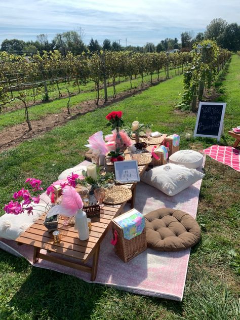 Picnic Bridesmaid Proposal, Winery Birthday Party Ideas, Vineyard Birthday Party Ideas, Winery Birthday Party Decor, Winery Proposal Ideas, Winery Birthday Party, Bridesmaid Party Bachelorette, Winery Bachelorette Party Ideas, Winery Picnic