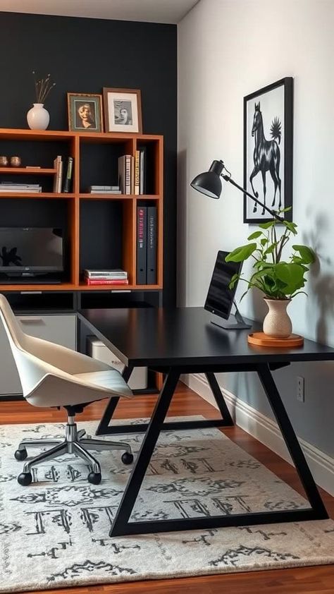 Elevate your home office with a neutral rug that complements modern, minimalist, or classic decor. Dream Home Office, Cozy Workspace, Ideas For Home Office, Work Productivity, Simple Desk, Home Office Inspiration, Rug Inspiration, Dark Wall, Neutral Rug