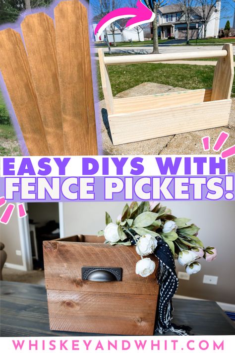 Grab $2 wood fence pickets to make these EASY Decor DIYs – Great to gift + sell, too! - Whiskey & Whit Picket Fence Ideas Crafts Wood, Cedar Fence Pickets Easy Diy Projects, Old Picket Fence Ideas Diy Projects, Fence Slats Projects, Dog Ear Fence Crafts Diy Projects, Cedar Picket Projects, Cedar Fence Picket Projects, Spring Wood Crafts To Sell, Fence Picket Projects