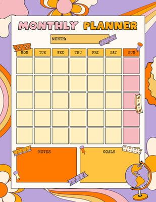 Use this customizable Colorful Illustrated Retro School Monthly Planner template and find more professional designs from Canva. #pink #yellow #orange #colorful #retro #illustrated #flower #planner #calendar #cartoon #playful #cartooncalendar #canva #template #school #education #kids #schedule #monthly #illustrative #fun Journal Book Design, Calendar Cartoon, Free Planner Inserts, Aesthetic Student, Schedule Monthly, Digital Planner Ideas, Quarterly Planner, Interactive Calendar, Colorful Planner