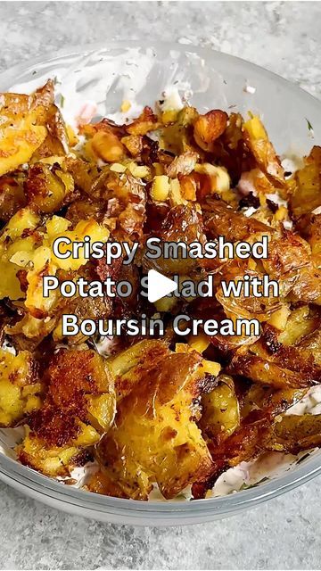 Caitlin Latessa-Greene on Instagram: "CRISPY SMASHED POTATO SALAD WITH BOURSIN CREAM! Still one of the best potato salads I have made—inspo @dr.vegan
•
For the potatoes:
1 1/2 lbs baby gold potatoes 
Olive oil 
Salt
Pepper 
•
For the salad: 
3/4 cup unsweetened yogurt
2-3 oz Boursin cheese 
1 tsp dried dill
1 tsp whole grain mustard (or any mustard)
1/2 tsp salt
1/4 tsp pepper 
3/4 cup finely chopped English cucumber, seeds removed before chopping 
3/4 cup finely chopped red bell pepper 
1/2 cup minced red onion 
1/2 cup finely chopped fresh parsley 
•
1️⃣Preheat the oven to 425. Drizzle about 1 tablespoon of olive oil onto a sheet pan and set aside.2️⃣Bring a large pot of salted water to a boil. Add the potatoes and cook for about 10 to 14 minutes, until fork tender. Drain the water, then Smash Potato Salad, Smashed Potatoe Salad Recipe, Crispy Potato Salad, Potatoes With Boursin Cheese, Smashed Potato Salad, Crispy Smashed Potato Salad With Boursin, Crispy Smashed Potato Salad, Old Bay Smashed Potato Salad, Natasha’s Kitchen Smashed Potato Salad